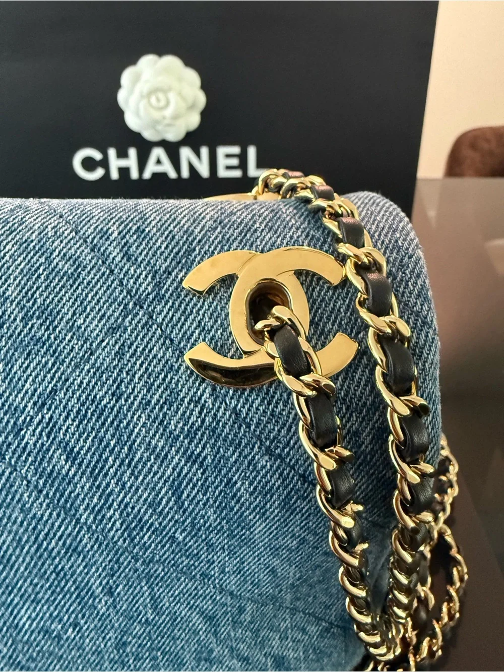 CHANEL Light Blue Denim Quilted Flap Shoulder Bag with Gold Hardware